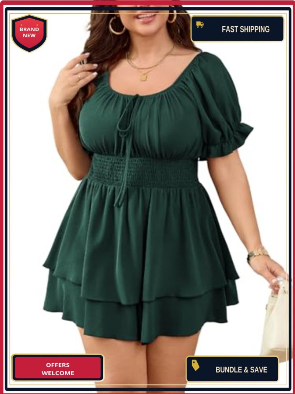 Plus Size Romper Jumpsuit Square Neck Puff Sleeve High Waist Boho Casual Summer